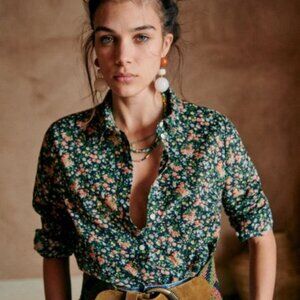 Sezane Button Down Pierro Shirt in Navy garden print